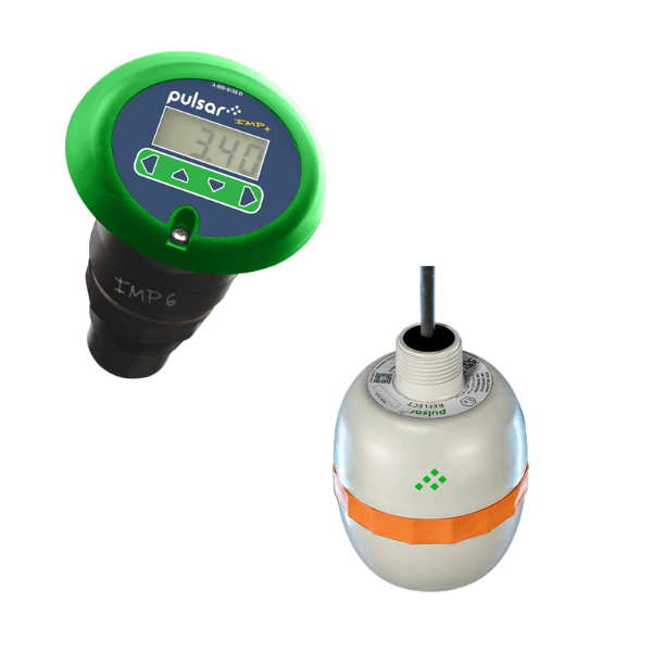 A Pulsar Measurement IMP ultrasonic level sensor and a REFLECT Radar Level Sensors are featured in the image.